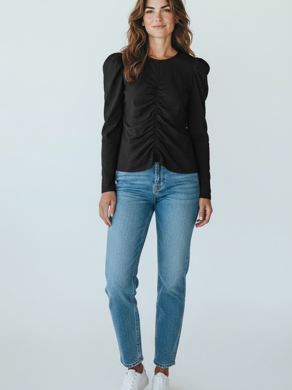 NWT Aritzia Wilfred Blouse Henrietta Black Puff Sleeve Zip Back Ruched Front 8
